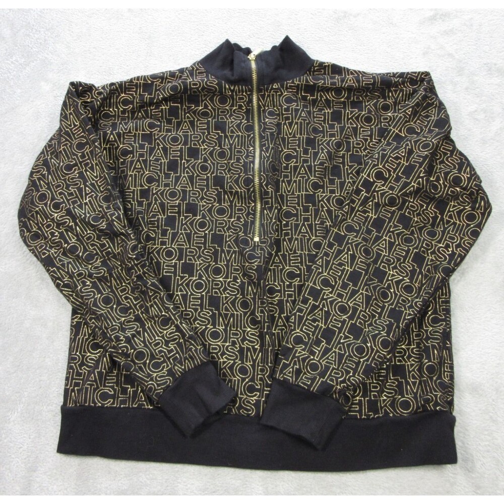 Michael Kors Top Womens Medium Black Gold Monogram Long Sleeve 1/2 Zip